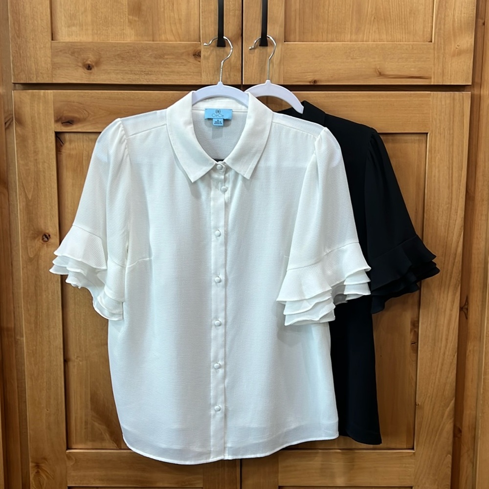 Cece button down ruffle sleeve. One black one white. Sold as set.